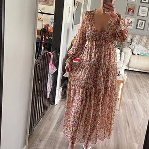 MARBLE Yellow and Pink Floral Long Sleeve Tiered Maxi Dress